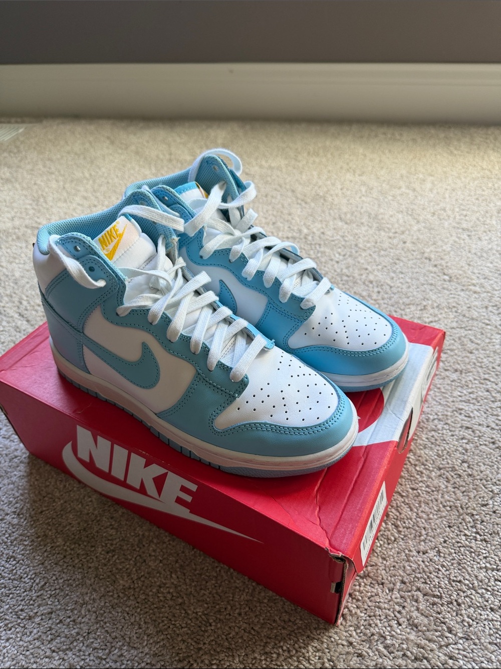 Nike Kids High-Top Sneakers in Light Blue and White with Yellow Logo Accent
